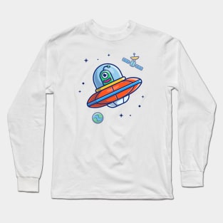 Alien spaceship flying in space cartoon Long Sleeve T-Shirt